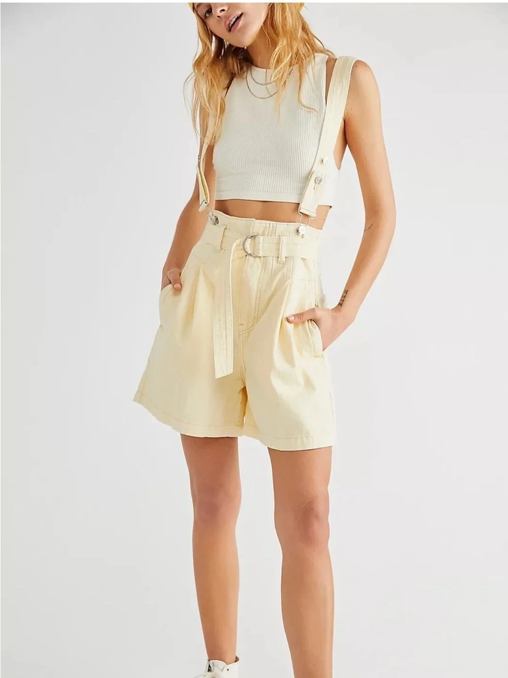 LIKE NEW FREE PEOPLE Bittersweet Shortall Dungaree Shorts- Yellow